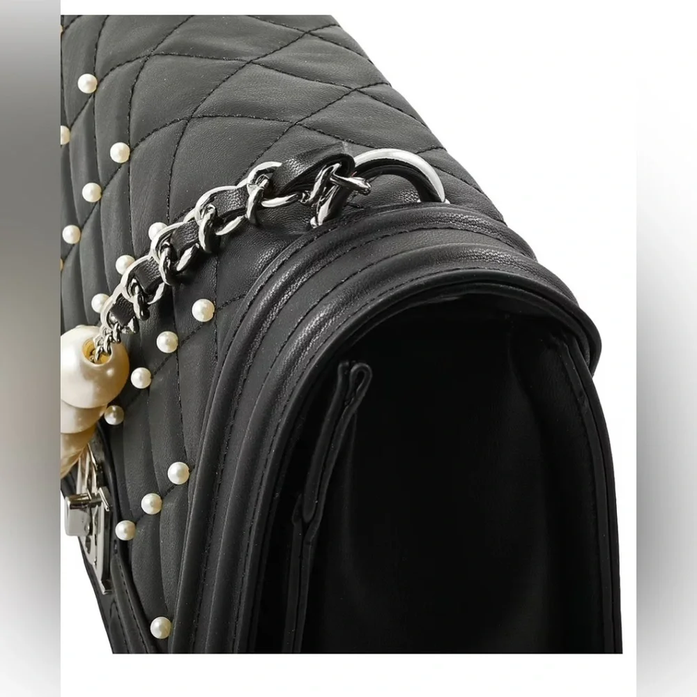 Badgley Mischka diamond quilted cross body with pearls black